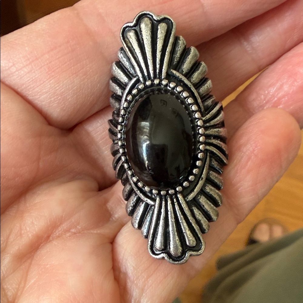 Black Stone Silver-Tone Statement Ring